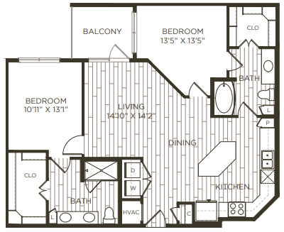 2 bedroom 2 bathroom floor plan A at Station at Old Town, Lewisville, Texas
